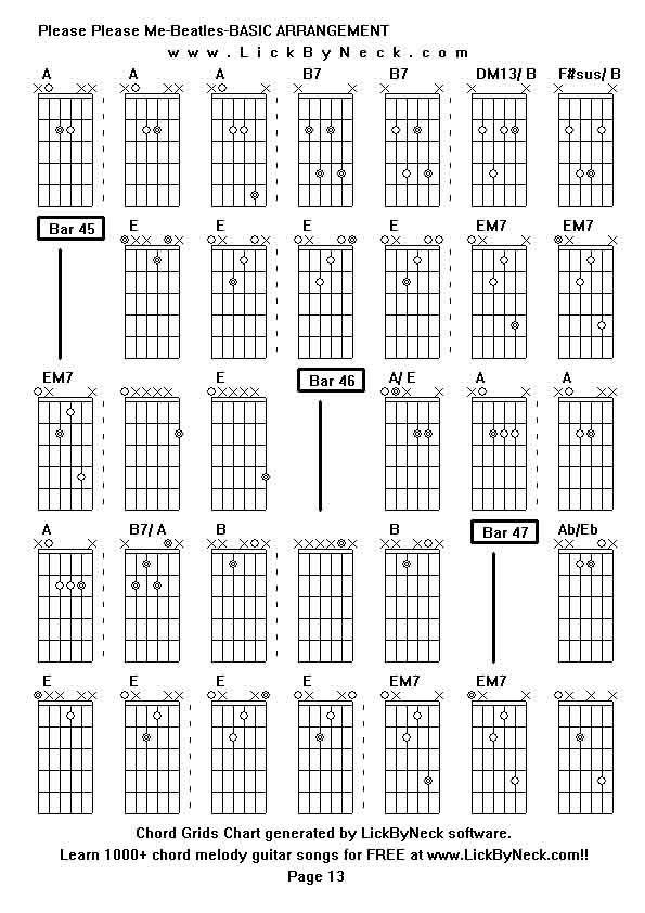 Chord Grids Chart of chord melody fingerstyle guitar song-Please Please Me-Beatles-BASIC ARRANGEMENT,generated by LickByNeck software.